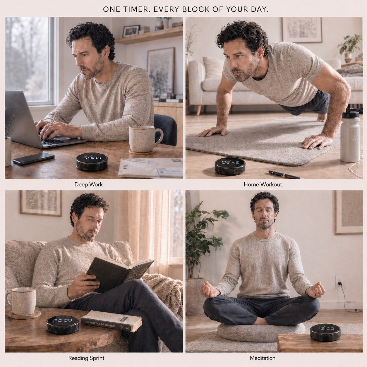 One timer for every block of your day — deep work, home workouts, reading sprints, and meditation.